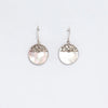 Sterling silver classic disc earrings with circular mother of pearl inlay and detailed filigree scrollwork design