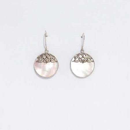 Sterling silver classic disc earrings with circular mother of pearl inlay and detailed filigree scrollwork design