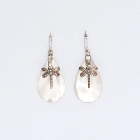 Sterling silver dragonfly pendant earrings with teardrop mother of pearl accents in a simple setting