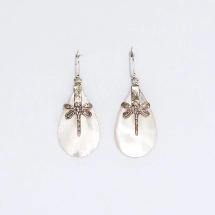 Sterling silver dragonfly pendant earrings with teardrop mother of pearl accents in a simple setting