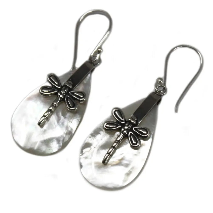 Silver dragonfly earrings with teardrop mother-of-pearl pendants made of sterling silver