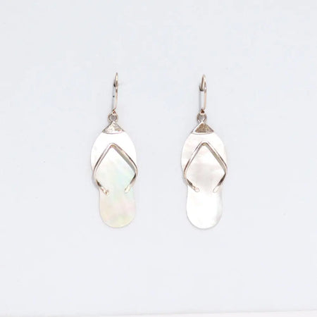 Sterling silver flip-flop shaped earrings with mother of pearl inlay in a simple design