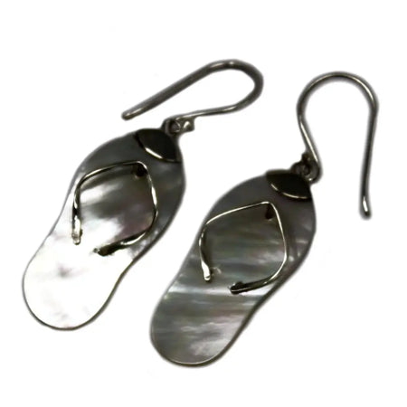 Sterling silver flip-flop earrings with mother-of-pearl finish and metallic straps shown on a white background
