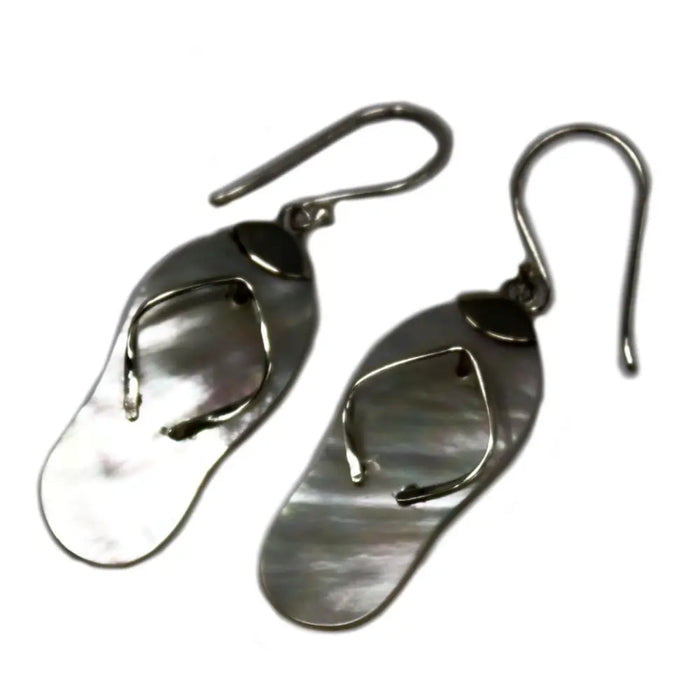 Sterling silver flip-flop earrings with mother-of-pearl finish and metallic straps shown on a white background
