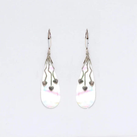 Sterling silver teardrop earrings with mother of pearl centers wirework and three dangling heart charms
