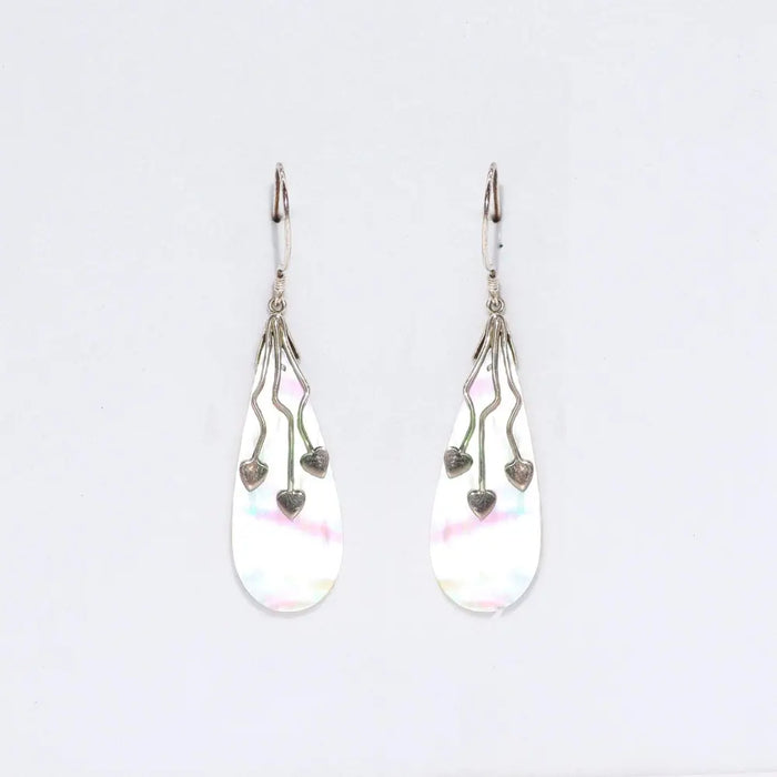 Sterling silver teardrop earrings with mother of pearl centers wirework and three dangling heart charms