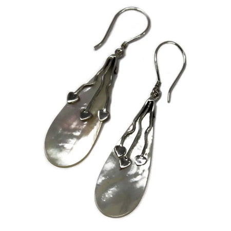 Sterling silver teardrop earrings with mother of pearl center and three dangling heart charms