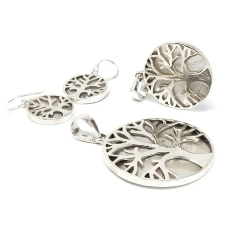 Sterling silver tree of life pendant and mother of pearl earrings with intricate cut out leaf patterns in silver color