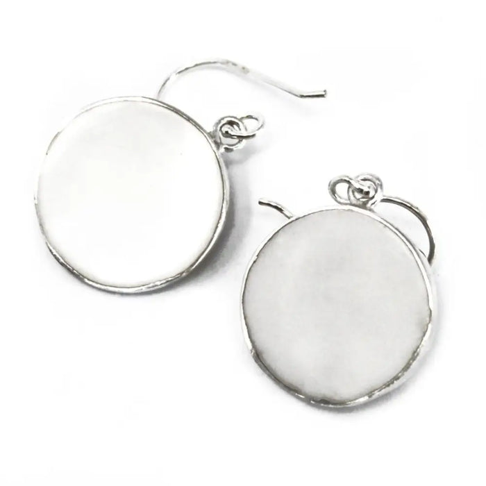 Sterling silver circular earring blanks with smooth polished finish and hook closures for mother-of-pearl pendant designs