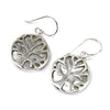 Sterling silver tree-of-life pendant earrings with intricate cut-out design and mother-of-pearl accents polished finish
