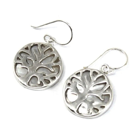 Sterling silver tree-of-life pendant earrings with intricate cut-out design and mother-of-pearl accents polished finish