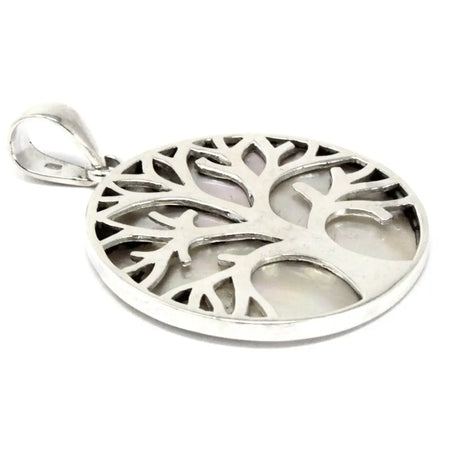 Sterling silver tree of life pendant with intricate cut-out branches and a polished mother-of-pearl center