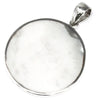 Sterling silver circular pendant with smooth white mother of pearl center and polished metal edges in tree of life design