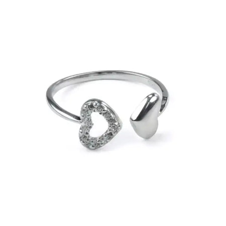 Sterling silver stackable ring with double heart design featuring pave-set cubic zirconia and solid silver half-heart accents