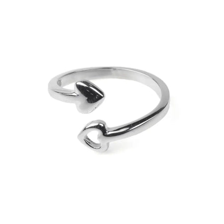 Sterling silver stackable ring with a double heart design and sleek polished metallic finish, adjustable size