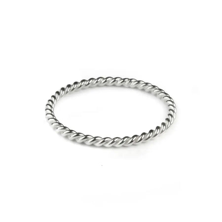 A sterling silver stackable ring with a sleek twisted rope design and polished metallic finish