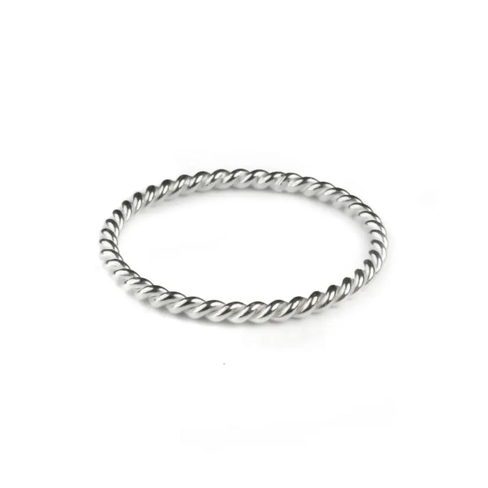 A sterling silver stackable ring with a sleek twisted rope design and polished metallic finish