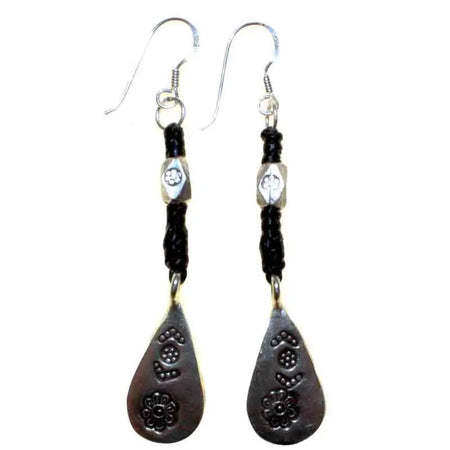 Sterling silver teardrop earrings with black waxed cord and stamped floral designs in a drop style