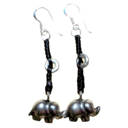Silver elephant-shaped sterling silver dangle earrings with black waxed cord and small silver rings