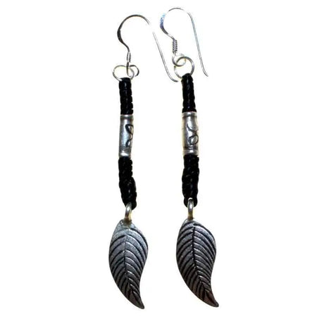 Silver leaf-shaped dangle sterling silver and black waxed cord earrings with engraved silver beads