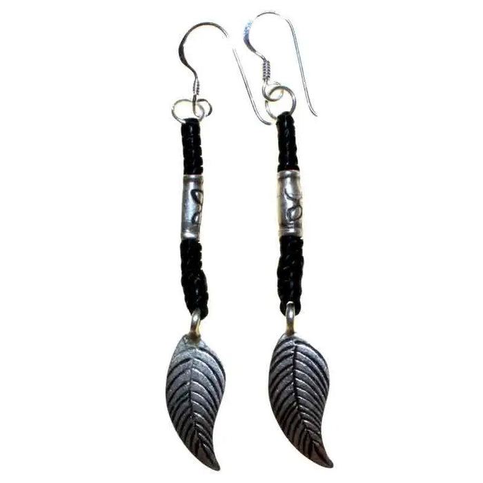 Silver leaf-shaped dangle sterling silver and black waxed cord earrings with engraved silver beads