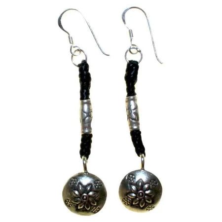 Sterling silver flower earrings with a textured pendant and black braided waxed cord in waxed cord earrings style