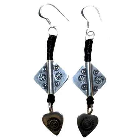 Sterling silver waxed cord earrings with diamond shaped metal plates and heart pendants in black braided cord