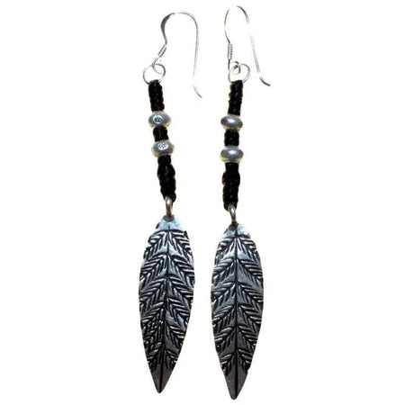 Silver long feather earrings with engraved veining on black waxed cord and small sterling silver beads