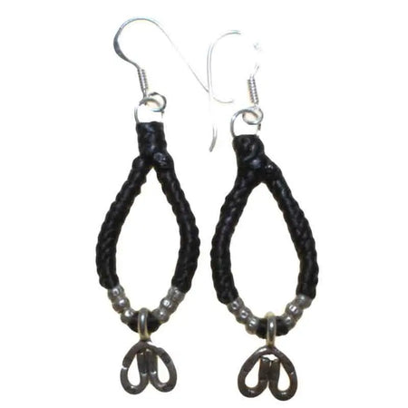 Black braided waxed cord earrings with sterling silver hooks and a peace symbol charm in a loop design