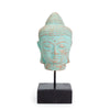 Buddha head figurine in a green-copper finish with an antique stone effect and iron stem.
