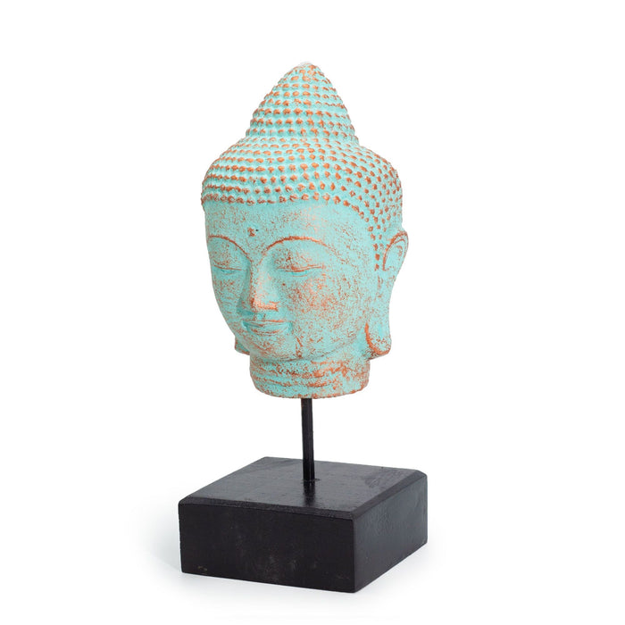 Buddha head figurine in a green-copper finish with an antique stone effect and iron stem.