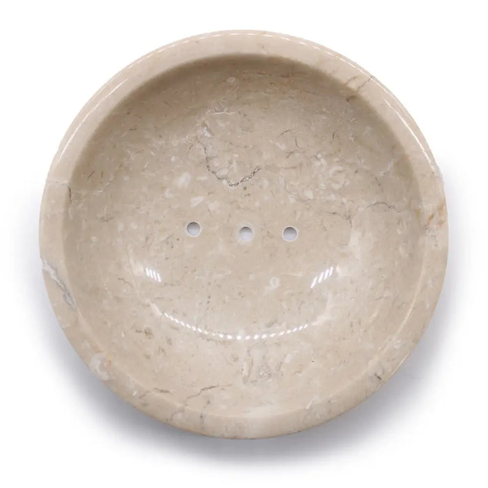 Beige honey marble soap dish with three circular drainage holes in a curved stone design