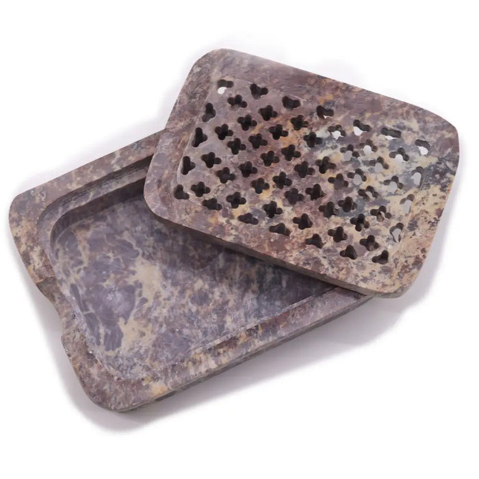Rectangular soap dish in brown and beige soapstone with a marbled pattern and an ornate perforated lid