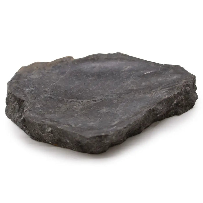 Dark gray natural stone soap dish with smooth reflective surface and rough edges made from grey marble