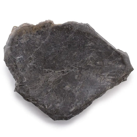 Stone soap dish made of dark gray natural marble with smooth slightly translucent surface and subtle veining