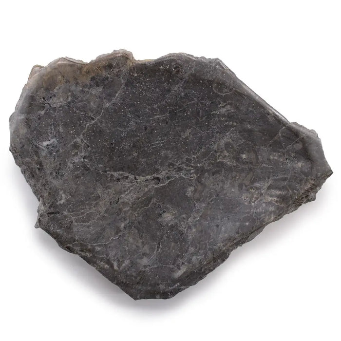 Stone soap dish made of dark gray natural marble with smooth slightly translucent surface and subtle veining