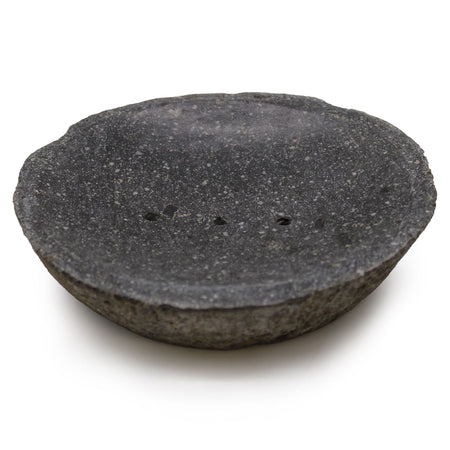 Dark gray stone soap dish with speckled texture and three small drainage holes natural riverstone design