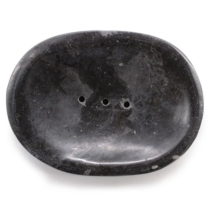 Black marble stone soap dish oval shape polished stone with three drainage holes for bathroom use