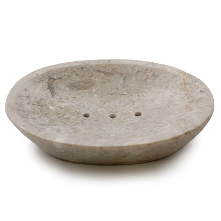 Beige cream marble soap dish oval shape with three drainage holes made from natural stone for bathroom use