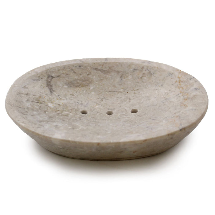 Beige cream marble soap dish oval shape with three drainage holes made from natural stone for bathroom use