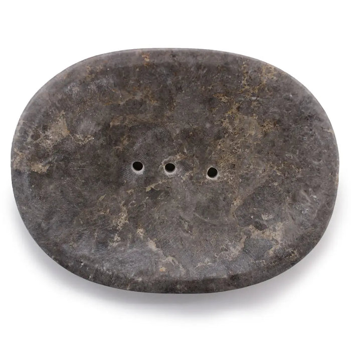 Dark gray oval soap dish with natural stone texture and three drainage holes made of grey marble