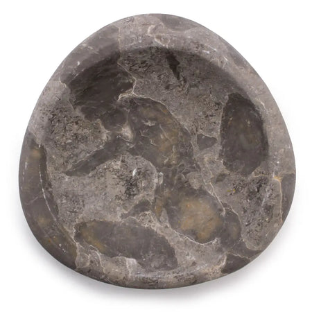 Stone soap dish tri-oval with a smooth mottled gray and brown surface and natural veining made of marble stone
