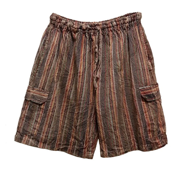 Brown and rust striped cotton stonewashed shorts with elastic waistband and side pockets in various colours and sizes