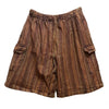 Brown and tan vertically striped stonewashed cotton shorts with cargo pockets and elastic waistband in multiple sizes