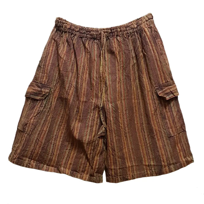 Brown and tan vertically striped stonewashed cotton shorts with cargo pockets and elastic waistband in multiple sizes
