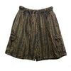 Distressed stonewashed cotton shorts with olive green and brown vertical stripes and a drawstring waistband