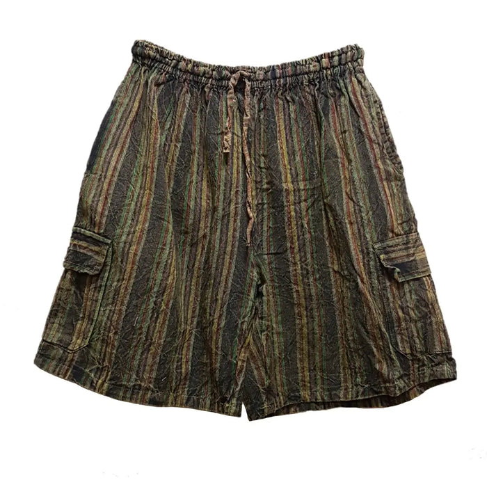 Distressed stonewashed cotton shorts with olive green and brown vertical stripes and a drawstring waistband