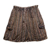 A textured earth toned striped cotton cargo skirt with elastic waistband and side pockets in multiple sizes