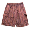 Rust-colored striped stonewashed cotton cargo shorts with textured crinkled fabric and elastic waistband