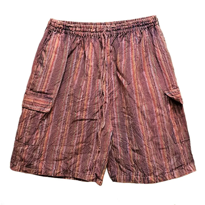 Rust-colored striped stonewashed cotton cargo shorts with textured crinkled fabric and elastic waistband